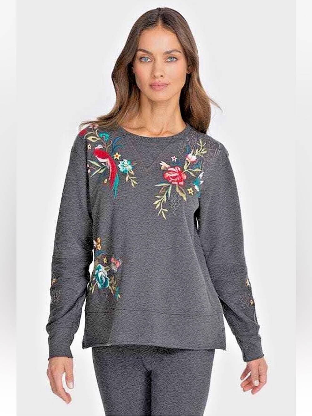 Johnny Was Embroidered Floral & Butterfly Sweatshirt - Grey